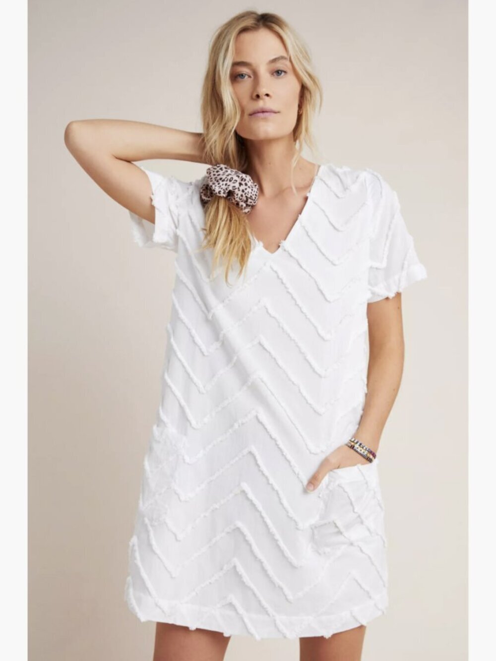 Anthropologie Porridge Clothing Textured Cotton V-Neck Shift Dress in White, S